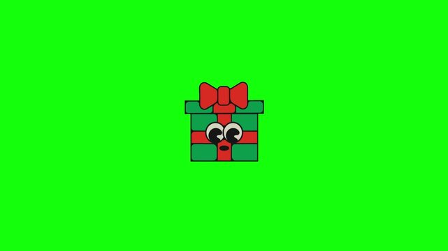 A cheerful cartoon gift box with green and red wrapping, big sparkling eyes, smiling mouth and floating red bow jumps happily up and down on solid bright lime green background in vibrant vector style.