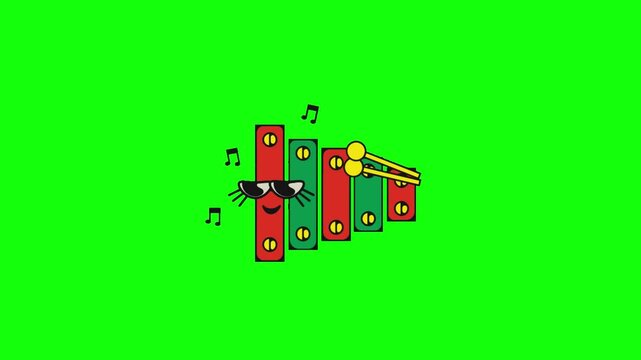 A cheerful cartoon xylophone with big sparkling eyes, happy open mouth and colorful red and green keys is centered on solid bright lime green background in vibrant vector style.