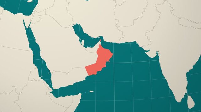 Oman map. Animated zoom into the country on the Globe in Teal Pale Mint color palette. Country logo animation. Map with meridians, parallels. Vibrant video.