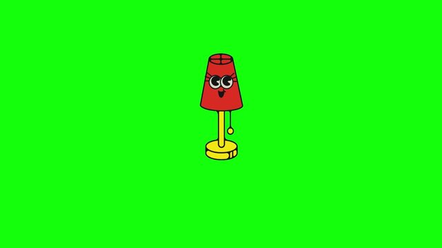 A cheerful cartoon red lamp with big sparkling eyes, long eyelashes, happy smiling mouth and yellow base stands centered on solid bright lime green background in vibrant vector style.