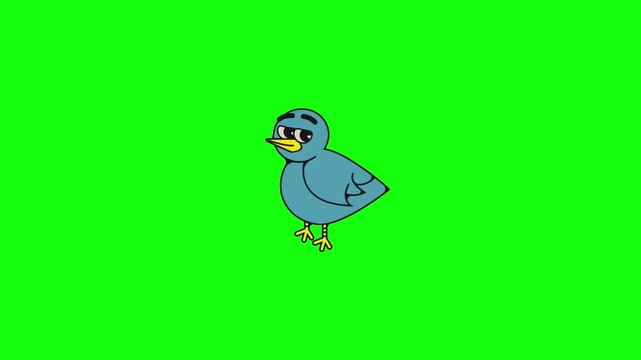 A cute blue cartoon chick with big sparkling eyes, yellow beak and yellow legs stands centered on solid bright lime green background in vibrant vector style.