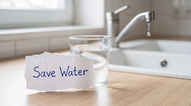 Save water message on paper next to a glass of clean drinking water and a dripping faucet in a kitchen