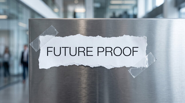 Torn paper note with future proof text taped to a brushed metal surface in a modern office, representing strategy and security