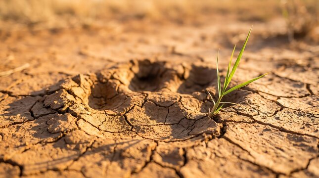 A single green sprout growing from a footprint in dry cracked earth.