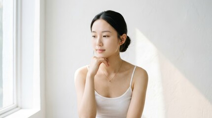 Naklejka premium Young asian woman with a natural look posing thoughtfully by a window