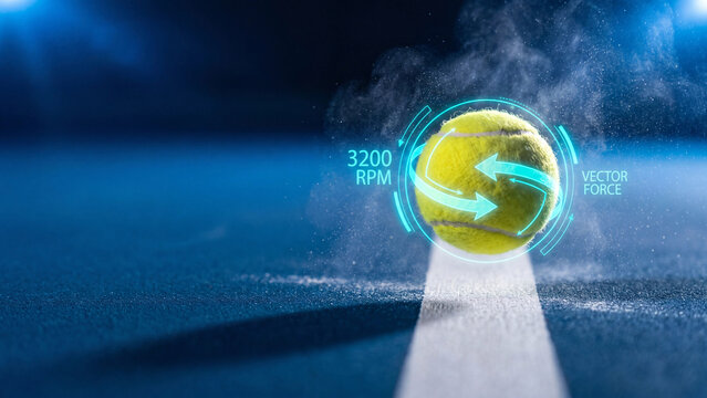 Tennis ball bounces on a blue court with a glowing digital overlay indicating spin and vector force.