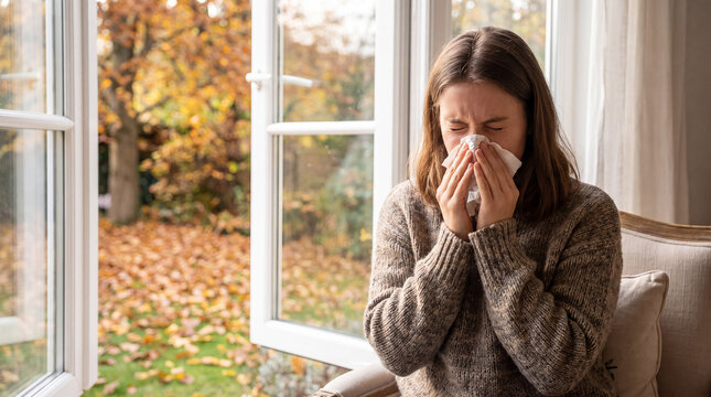 Woman sneezing into a tissue, suffering from seasonal allergy or cold symptoms during autumn, sitting by a window