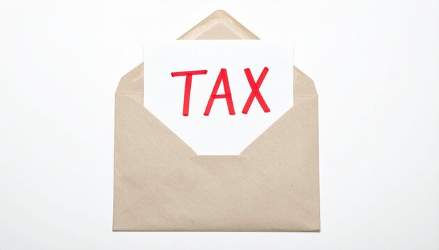 Brown envelope with bold red &ldquo;TAX&rdquo; paper, symbolizing finance, responsibility, and official notice.