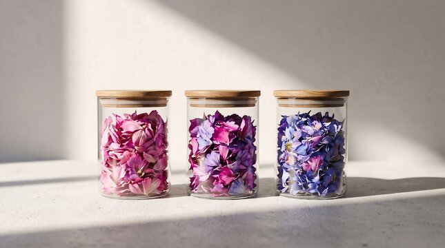 Three glass jars filled with colorful dried hydrangea petals on a white surface.