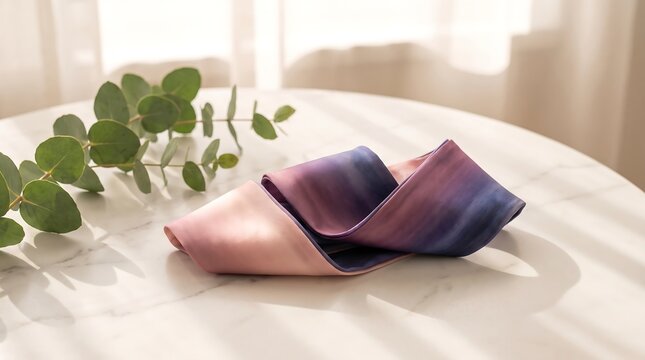 Elegant gradient silk ribbon resting on a white marble table with eucalyptus leaves.