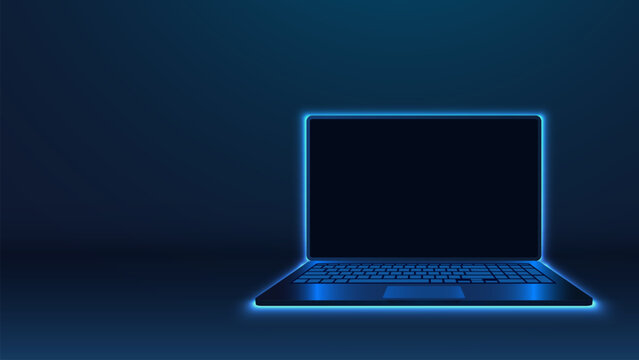 Modern laptop computer glowing with blue neon outline against dark gradient backdrop