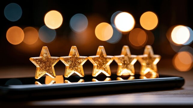 Glowing golden stars display a high rating on a dark surface with bokeh lights.