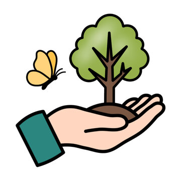 A vector illustration of a hand holding a small, growing tree, with a butterfly flapping its wings nearby.