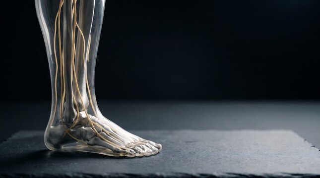 A transparent anatomical model of a human foot and lower leg showing nerves and tendons.