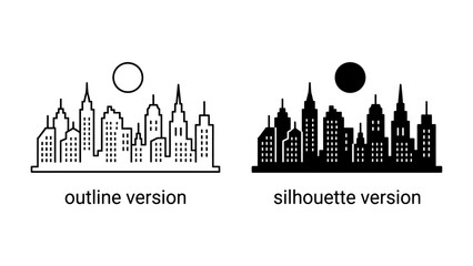 Cityscape Outline and Silhouette: Two artistic representations of a modern cityscape, one in a clean outline style and the other as a striking silhouette against a circular sun or moon. © Hasem