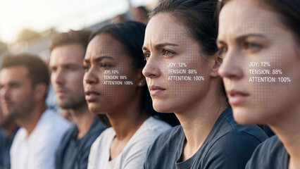 Fototapeta premium People sit in a stadium while digital data overlays analyze their emotional states and attention levels in real time.