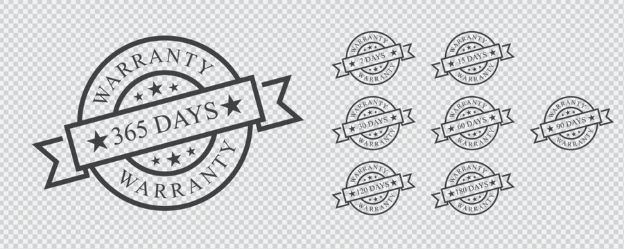 Various warranty seal designs with different days warranty labels isolated on transparent background