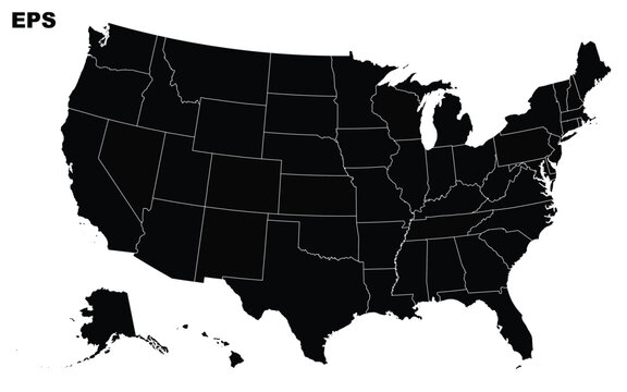 black united states map with white state borders. usa political outline including alaska and hawaii. american geography chart silhouette. flat simple illustration on white
