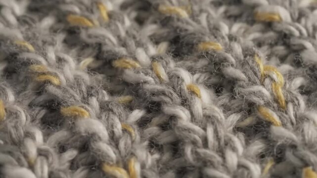 Close-up of gray knit fabric with yellow flecks, showing texture and detail for design and craft inspiration