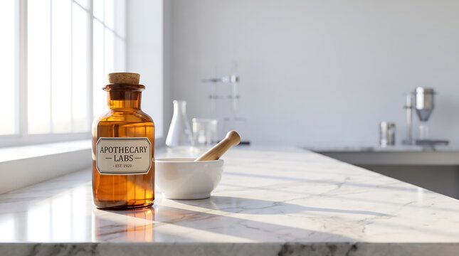 Vintage amber apothecary bottle with mortar and pestle on a bright marble laboratory counter.