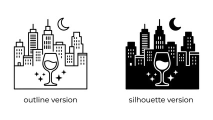 Fototapeta premium Cityscape with Wine Glass: A stylized depiction of a city skyline under a crescent moon, with a wine glass in the foreground, symbolizing urban elegance and indulgence.