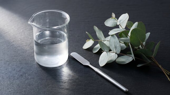 Glass beaker with clear liquid and eucalyptus branch on a dark stone surface.
