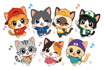 Obraz premium Seven Adorable Chibi Anime Cats Dancing with Joyful Expressions Together