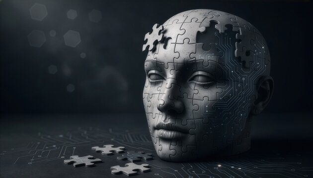 A sculpted head assembled from puzzle pieces merges with glowing circuitry, symbolizing artificial intelligence and the complexity of human cognition.