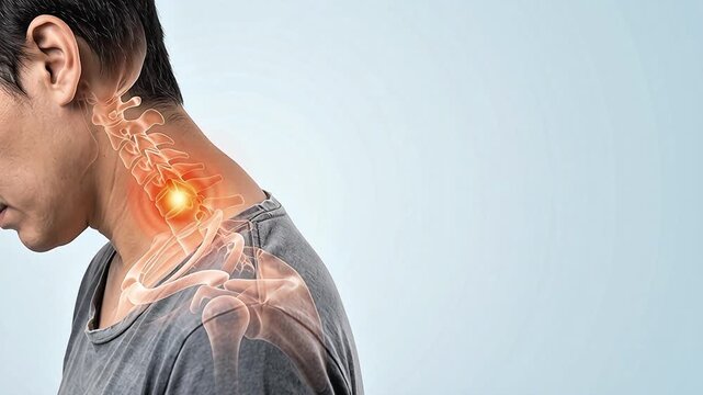 Realistic human neck slightly bent with glowing 3D cervical graphic overlay on light blue background off center, neck pain medical concept with copy space