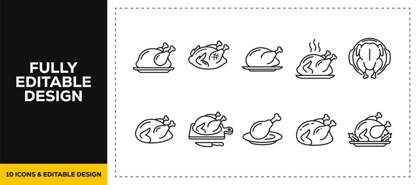 flat vector illustration line art icon bundle set design focusing on delicious thanksgiving turkeys hot roasted chickens traditional baked fowls and holiday food graphics