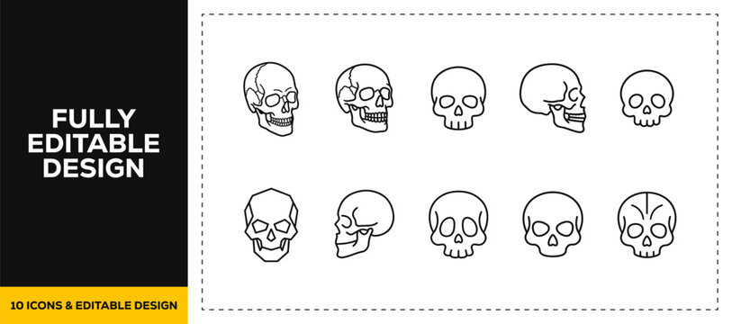 flat vector illustration line art icon bundle set design displaying scary human skulls anatomy dead bones spooky halloween heads and creepy horror face graphics UI apps
