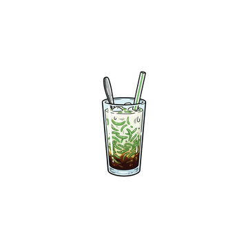Refreshing Indonesian Es Cendol Beverage With Green Cendol Jelly, Creamy Coconut Milk, And Brown Sugar Syrup In A Chilled Glass With Stirring Spoon, Vector Illustration