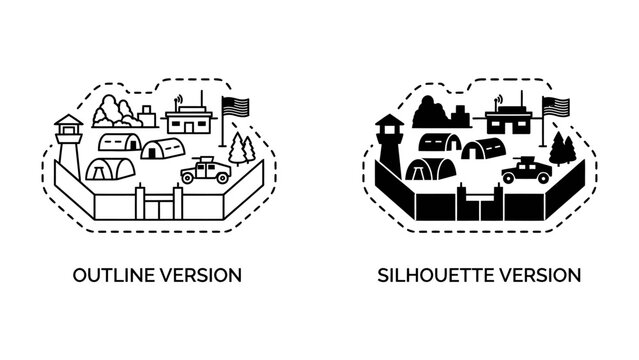 Military Outpost Icons: Two iconographic representations, one outlined and one in silhouette, depict a fortified military outpost with watchtowers, tents, a vehicle, and flags.