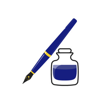 Blue Fountain Pen and Ink Bottle Illustration.