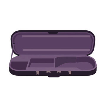 Empty open purple violin case with compartments for accessories.