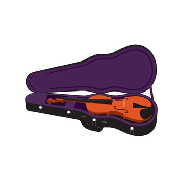 Violin inside an open purple case with black trim.