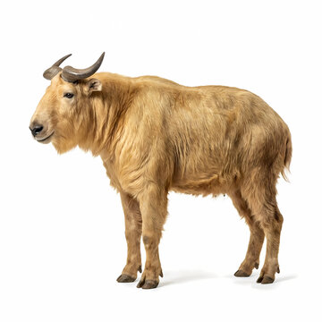Full body side view of a hairy golden takin standing proudly while showcasing its thick coat of fur and curved horns which represents a rare asian mammal species found across high altitude