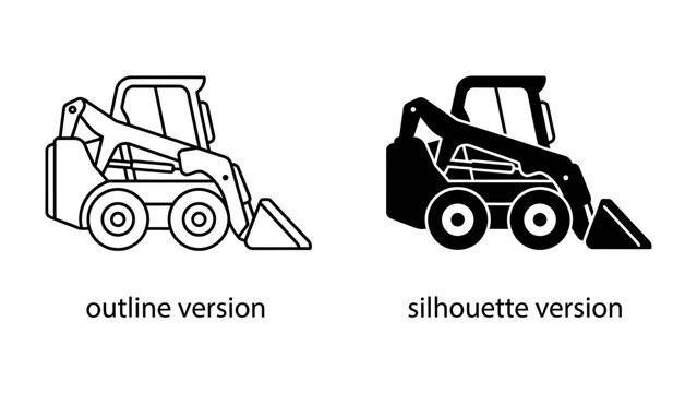 Skid Steer Loader Icons: A set of simple vector graphic icons representing a skid steer loader in both outline and silhouette versions, ideal for construction, industrial.