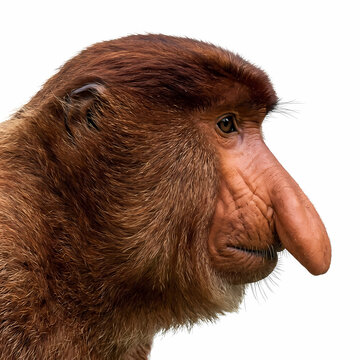 Profile view of a wild proboscis monkey showing physical characteristics including the oversized fleshy nose and textured brown fur showcasing the evolutionary survival traits of this primate