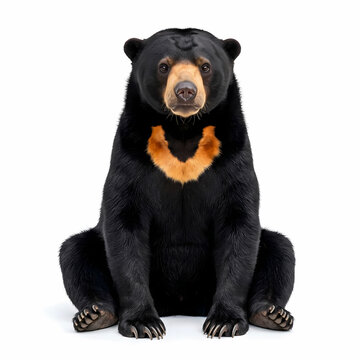 A curious adult sun bear sits in a calm posture staring forward while showcasing its distinct golden chest mark and dark thick fur representing the unique wildlife species found in tropical