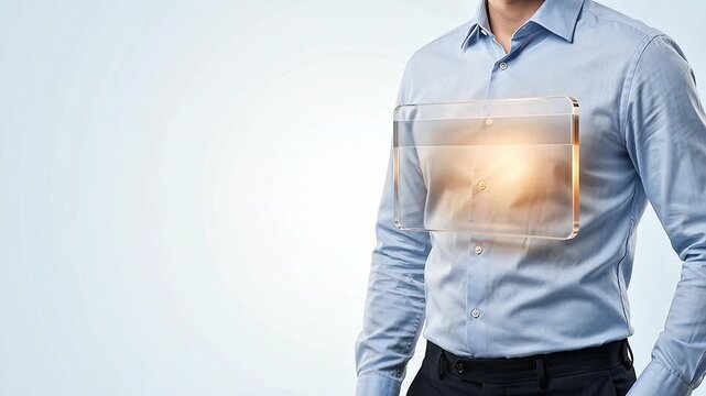 Realistic human torso with glowing 3D glass credit card graphic overlay on soft blue background off center, fintech digital economy concept with copy space