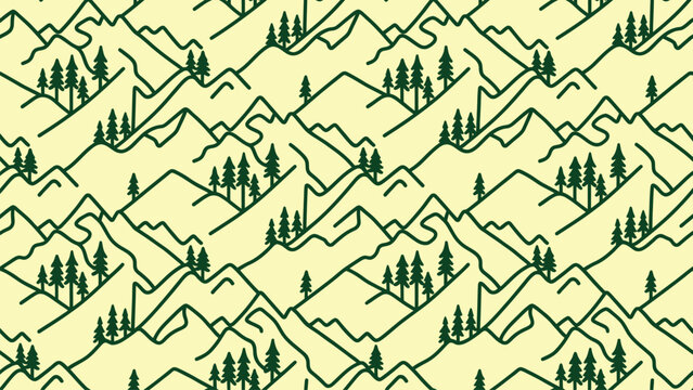 Minimalist mountain range seamless pattern, vintage line art forest landscape, outdoor adventure nature background vector for wallpaper and textile