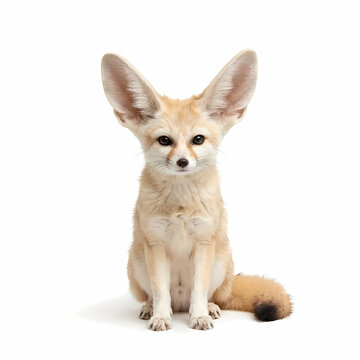 Small adorable desert fennec fox showing oversized pointed ears while sitting patiently in an alert posture looking directly forward into the camera lens with wide curious eyes for nature