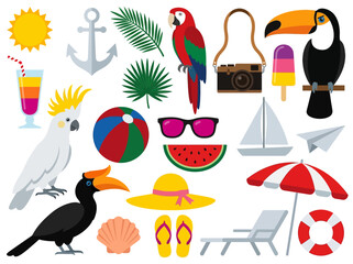 Tropical Summer Vacation Vector Icons Set with Exotic Birds and Beach Elements © sawadi