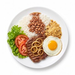 Traditional Brazilian prato feito with grilled beef steak, rice, brown beans, farofa, fried egg, lettuce and tomato, isolated on pure white background. Ultra realistic 8K food photography.