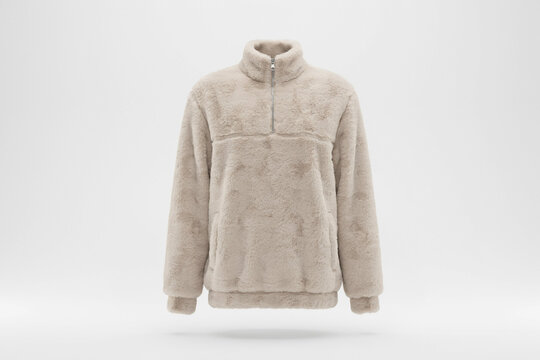 Beige faux fur pullover jacket on white background, cozy sherpa fleece outerwear, winter warm zip neck sweater