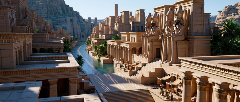 Ancient desert city sandstone temple river canal giant statue oasis architecture mountain cliff palm tree stone staircase sacred corridor fantasy landscape Ancient desert city with sandstone