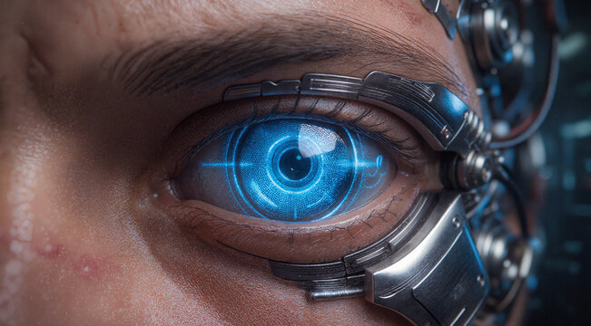 Cybernetic eye with glowing blue iris. Futuristic bionic implant for advanced human vision.