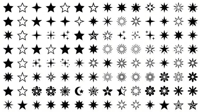 A premium collection of decorative star vector icons featuring a wide variety of geometric stars, sparkle symbols, celestial shapes, sunbursts, asterisks, four-point stars, five-point stars, six-point