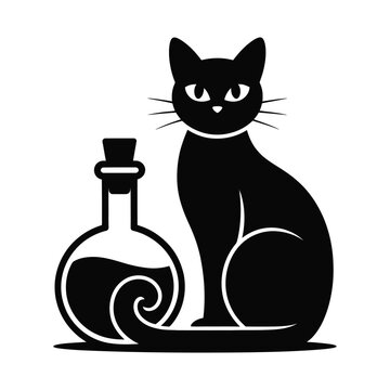 Black cat sitting next to magic potion bottle. witch familiar concept.